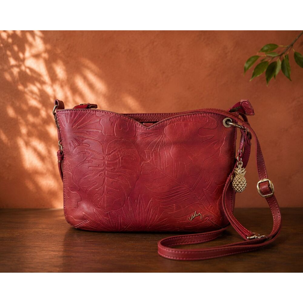 Vélez Colombian Leather Crossbody Bag Red Embossed Tropical Pineapple Charm